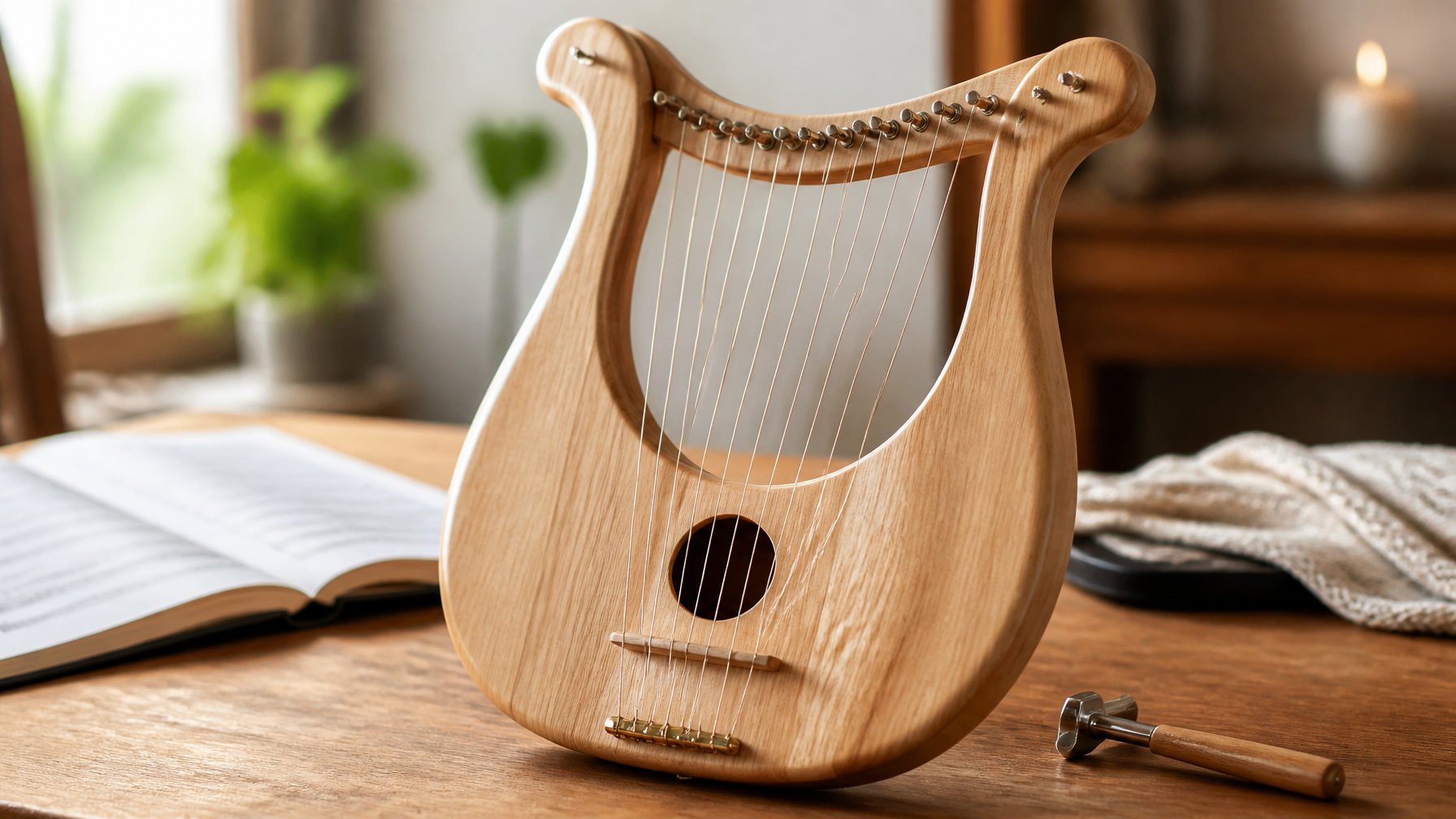 A lyre harp on a wooden table with tuning pegs and a tuning wrench nearby in a softly lit room.