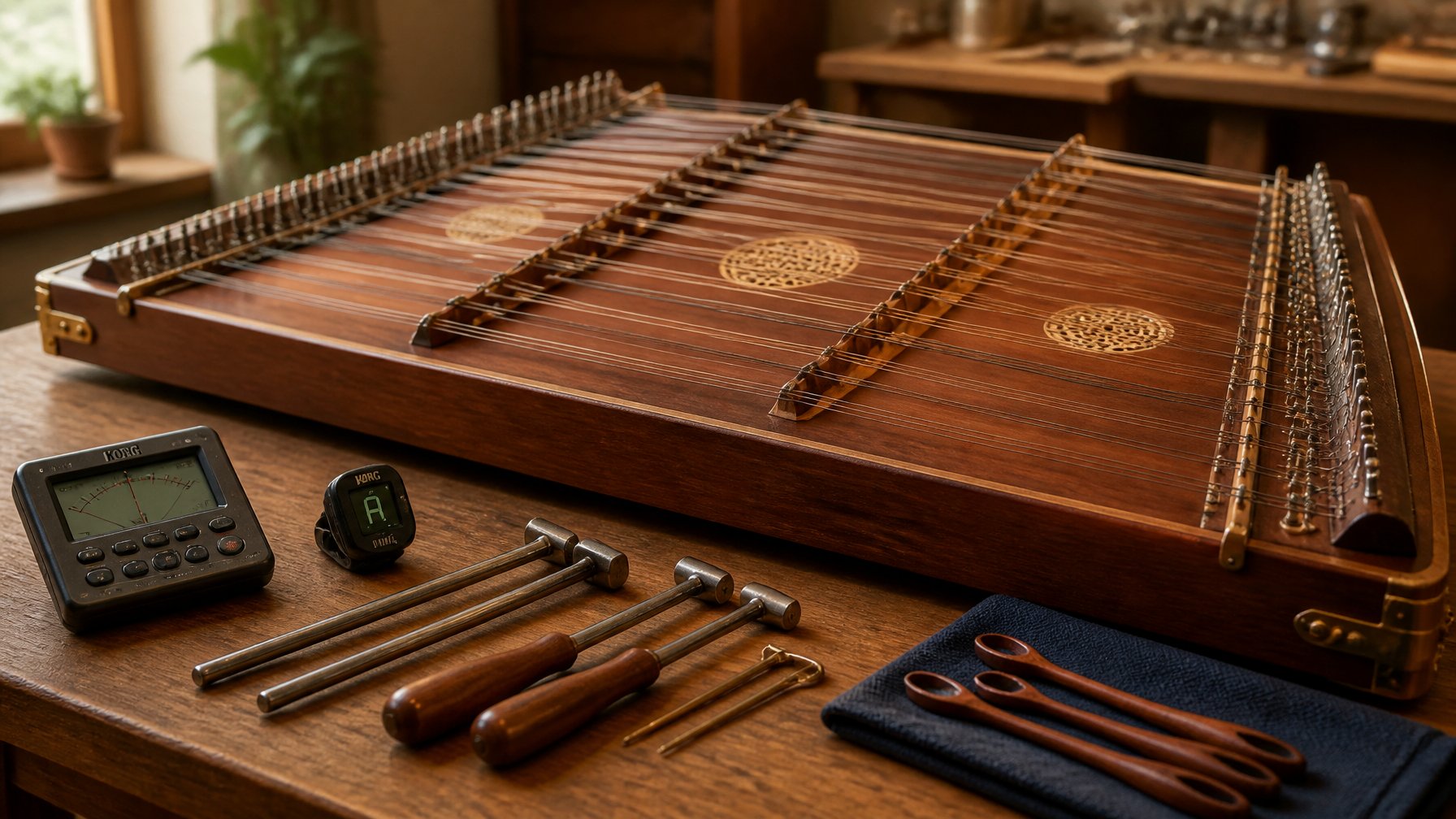 A hammered dulcimer on a wooden table with tuning tools arranged around it.