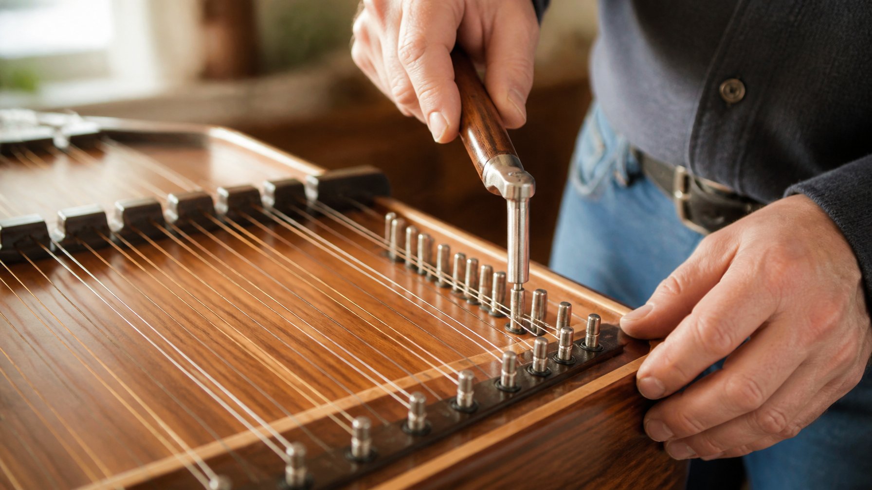 Hands tuning a hammered dulcimer with a tuning hammer, focusing on the strings and tuning pins.
