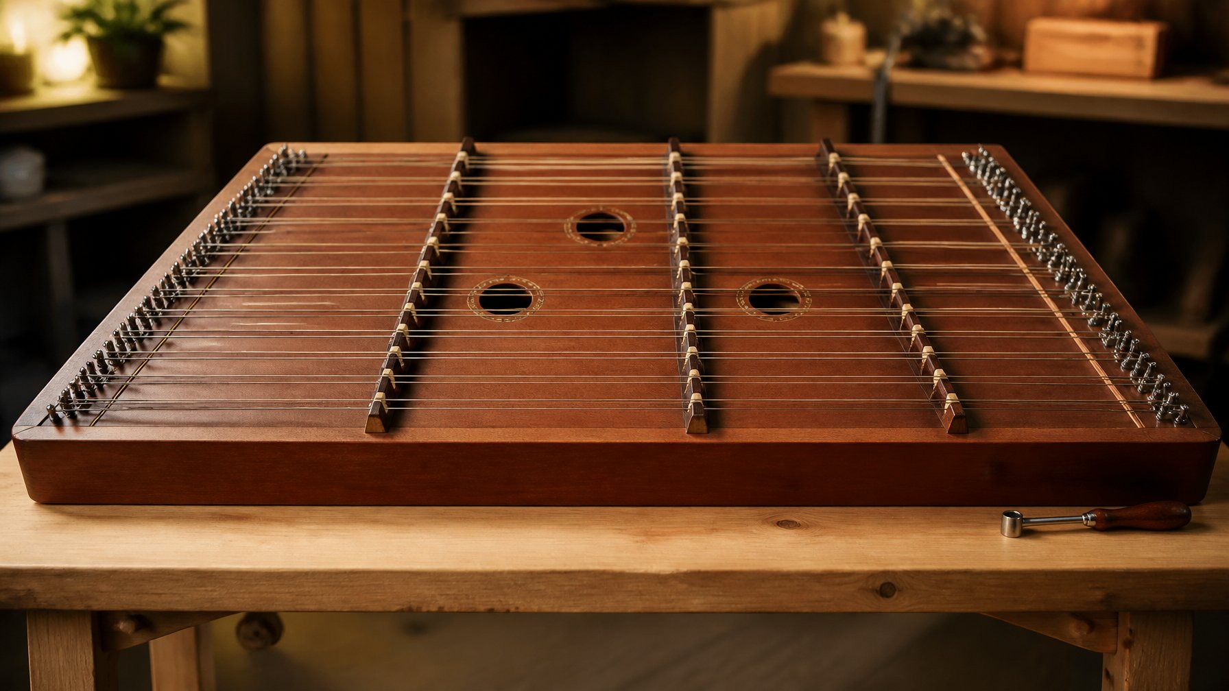 A hammered dulcimer resting securely on a wooden stand with a tuning hammer nearby in a well-lit workspace.