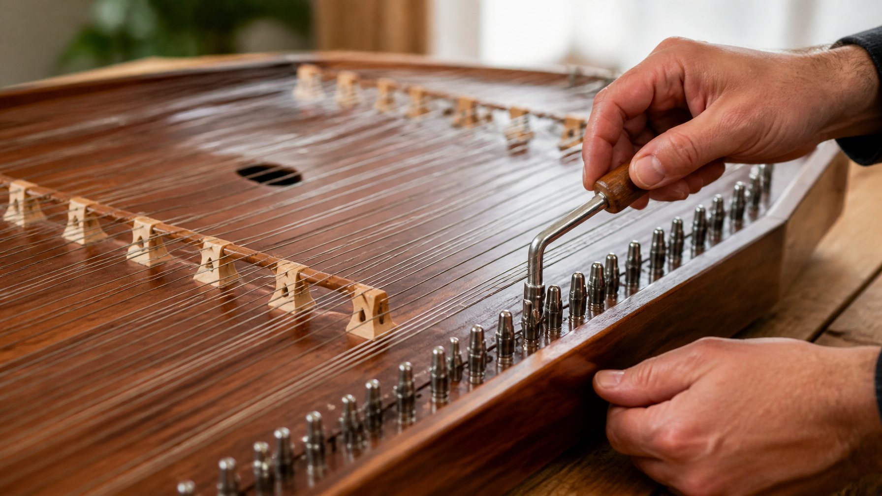 Close-up of hands tuning a hammered dulcimer with a tuning hammer on a wooden table.
