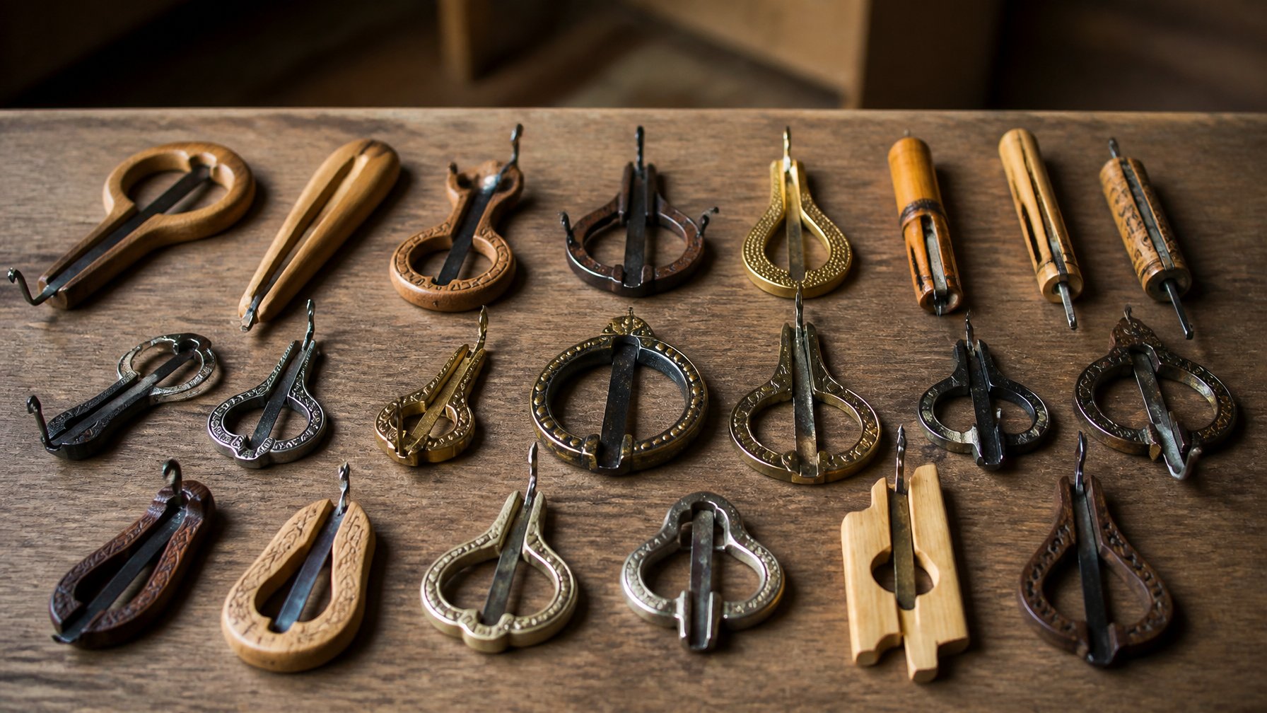 A collection of different jaw harps from various cultures displayed on a wooden surface.