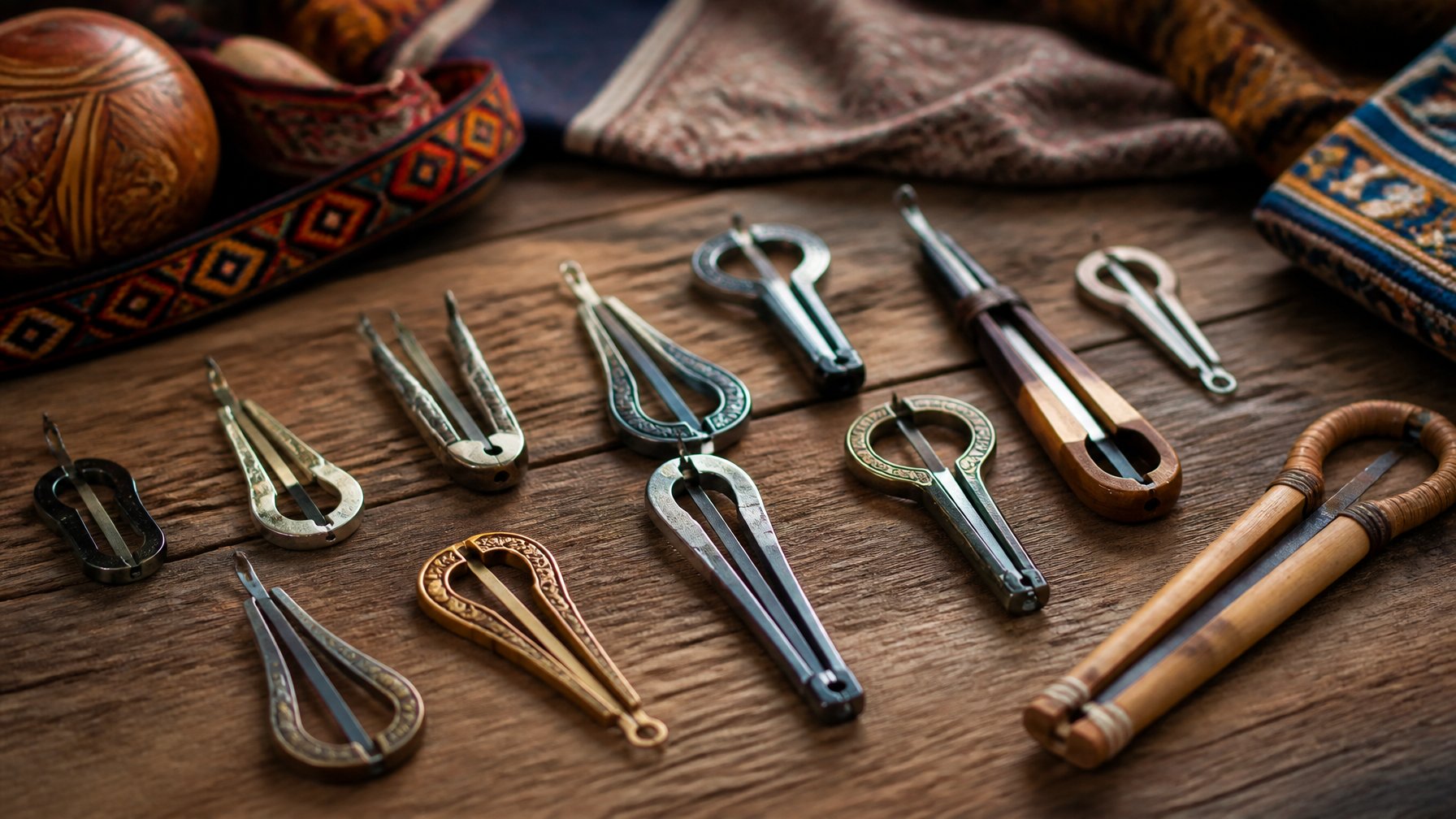 A variety of jaw harps from different cultures displayed on a wooden surface with soft natural lighting.
