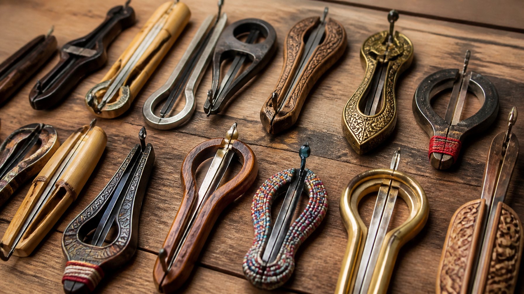 A collection of different jaw harps from various cultures arranged on a wooden surface.