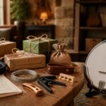 A table with a banjo and various banjo-related gifts including strings, picks, a capo, a strap, and a music notebook in a warm, softly lit room.