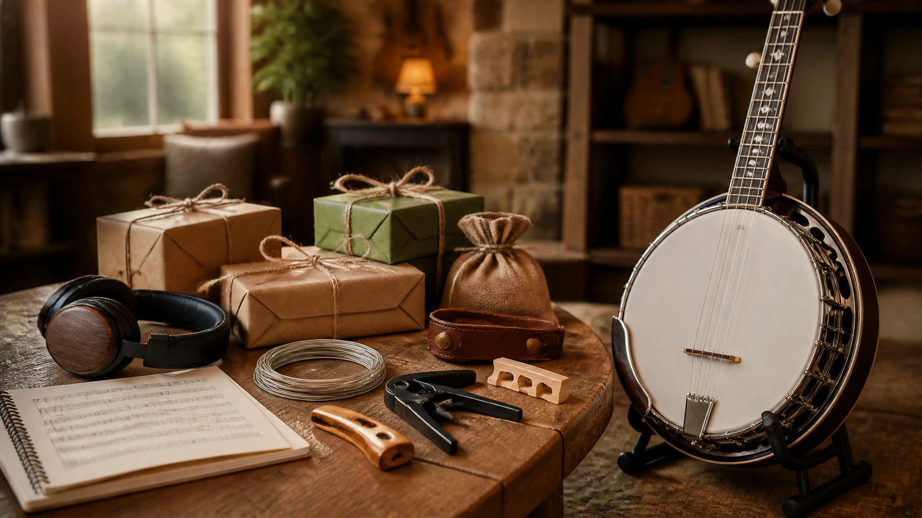 A table with a banjo and various banjo-related gifts including strings, picks, a capo, a strap, and a music notebook in a warm, softly lit room.