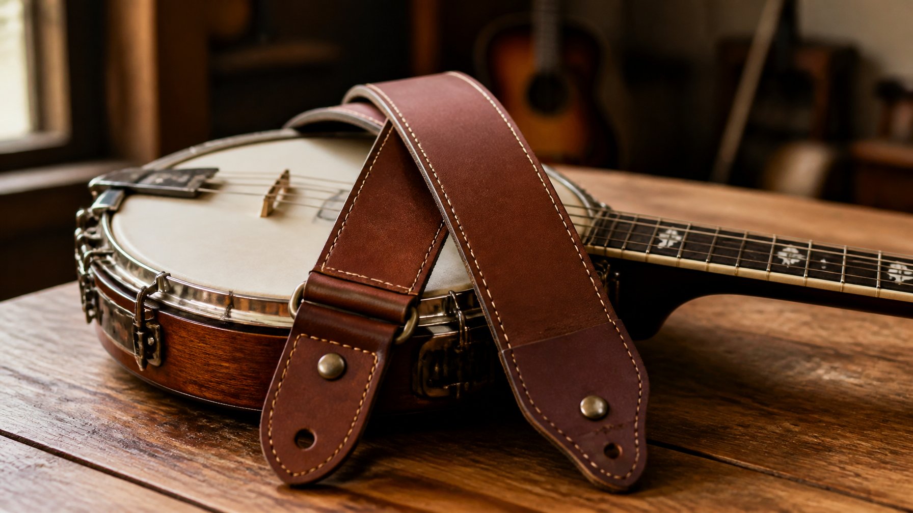 A brown leather banjo strap draped over a wooden banjo resting on a wooden table in a softly lit room.