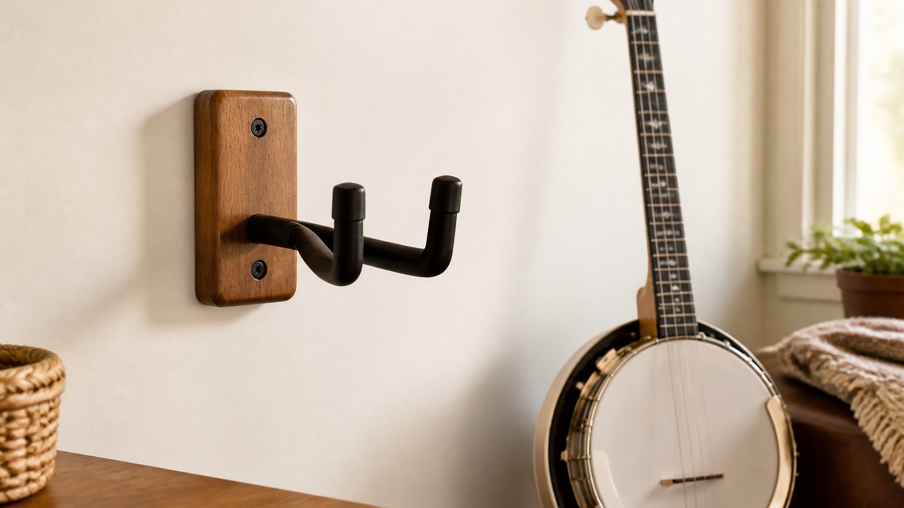 Wooden wall hanger mounted on a wall with a banjo nearby in a music room setting.