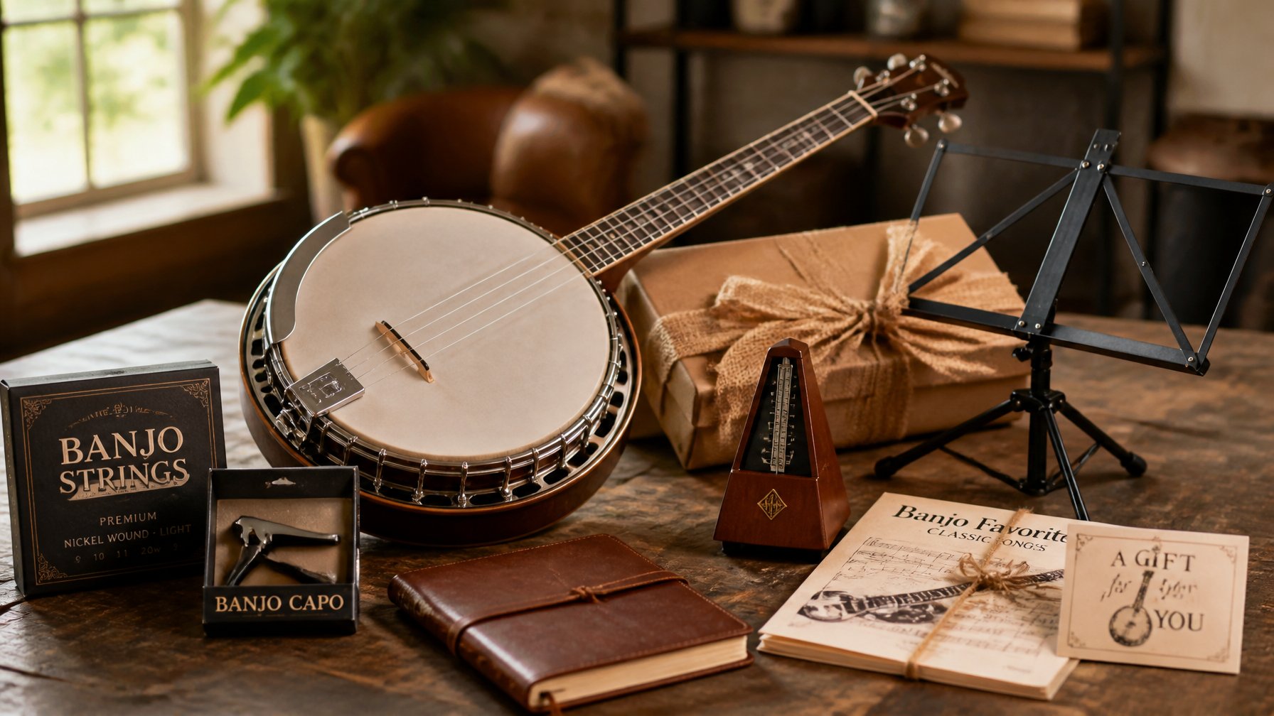 A wooden banjo on a table surrounded by various music-related gifts like strings, a capo, sheet music, and a metronome.